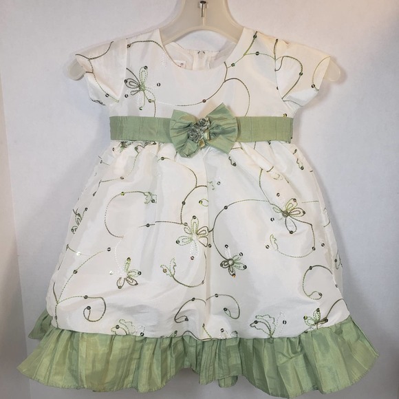 Tip Top Dress 12 Month Ruffle Bow Ivory Sage USA Fancy Baby Party - Picture 1 of 12